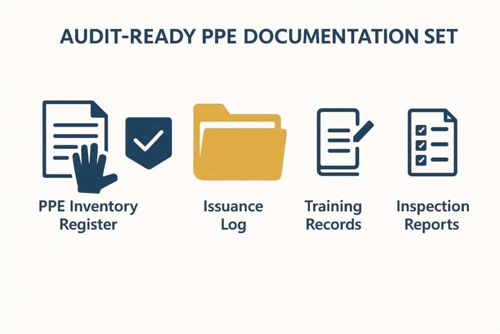 Audit Ready PPE Documentation Set Audit-ready PPE documentation set showing inventory register, issuance log, training records, and inspection reports for shipyard compliance in the Philippines.
