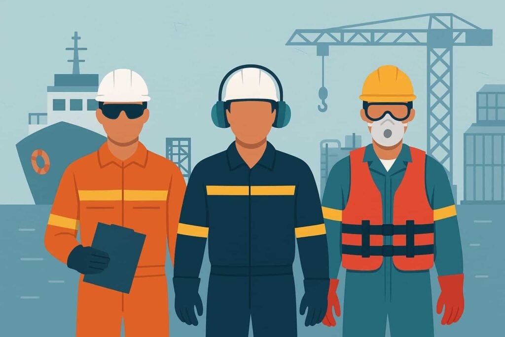 Shipyard crew in full PPE — engineer, oiler, and wiper wearing safety gear for maritime operations in the Philippines.