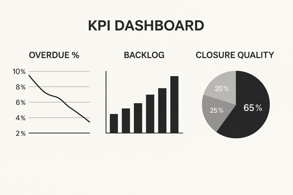 KPI Dashboard - compress 01 Sample ship PMS KPI dashboard showing overdue rate, backlog trend, and closure quality metrics for maintenance performance monitoring.