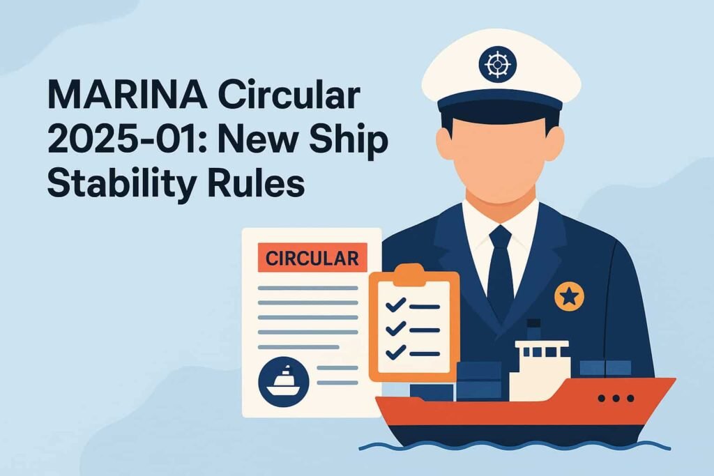 2D flat illustration of a maritime officer reviewing MARINA Circular 2025-01 with a cargo ship and compliance documents, symbolizing new ship stability rules.