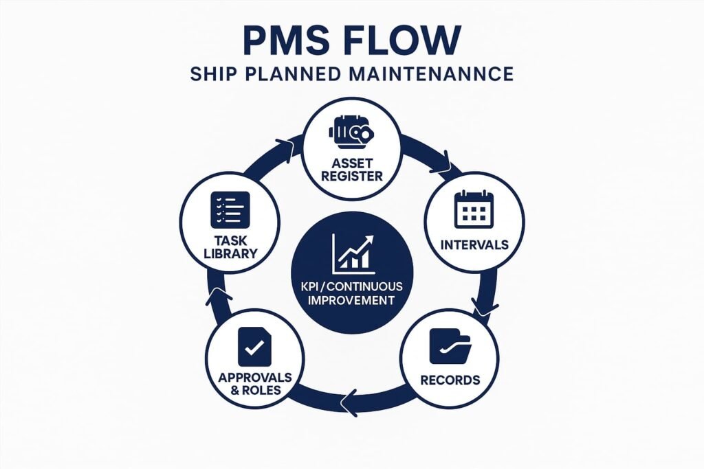 PMS Flow Planned Maintenance System (PMS) flow infographic showing connected steps from asset register to records with continuous improvement feedback loop.