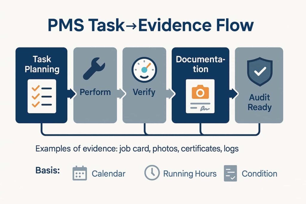 Ship planned maintenance system flow — Plan → Perform → Verify → Document → Audit-ready — with bases (calendar, running hours, condition) and PMS evidence (job cards, photos, certificates, logs).