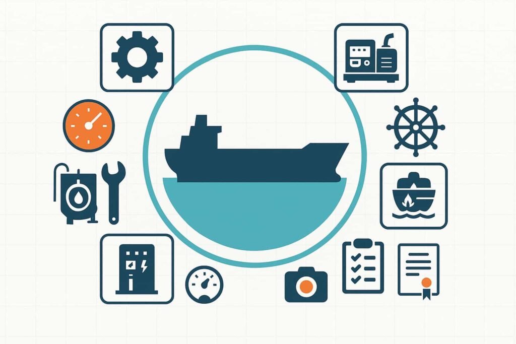 Ship planned maintenance system: ship with icons for engines, steering, genset, LSA/FFA, checklist & certificate.