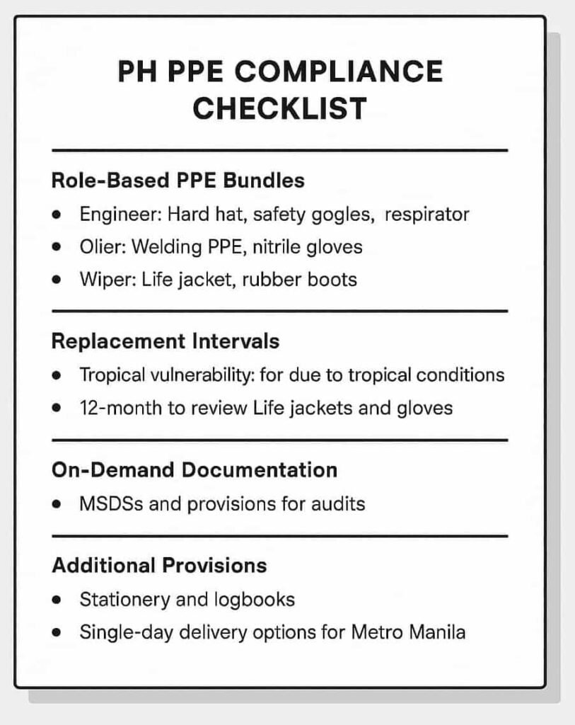 PPE Checklist Philippine shipyard PPE compliance checklist showing role-based PPE bundles for engineers, oilers, and wipers.