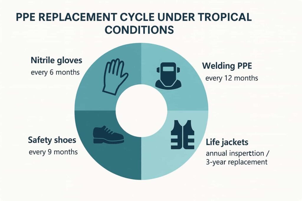 PPE Replacement Cycle Circular infographic showing PPE replacement cycle under tropical conditions for Philippine shipyards — nitrile gloves (6 months), safety shoes (9 months), welding PPE (12 months), life jackets (annual inspection / 3-year replacement).