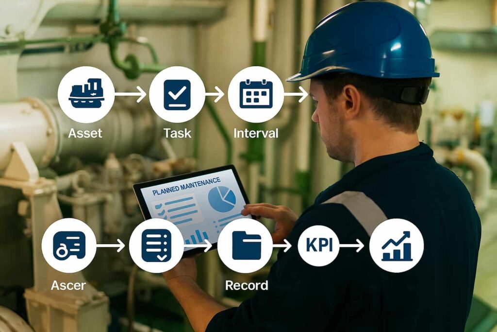 Planned Maintenance System of Ships Ship engineer monitoring planned maintenance dashboard onboard a vessel, showing asset-to-record workflow for reliable planned maintenance system for ships setup.