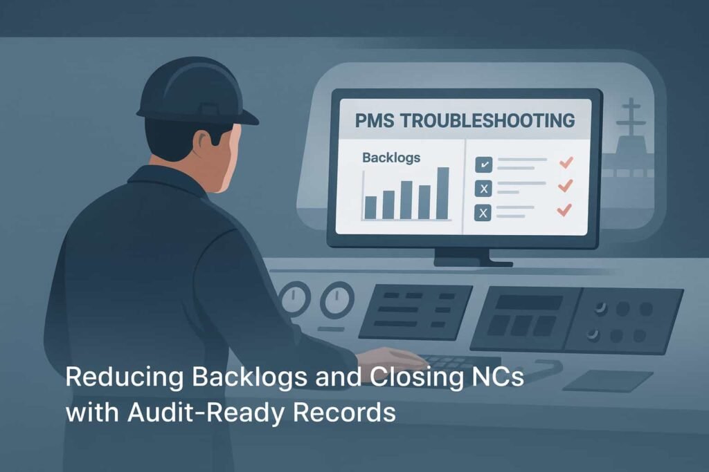 Engineer reviews PMS dashboard—planned maintenance system for ships, reducing backlogs and closing NCs.