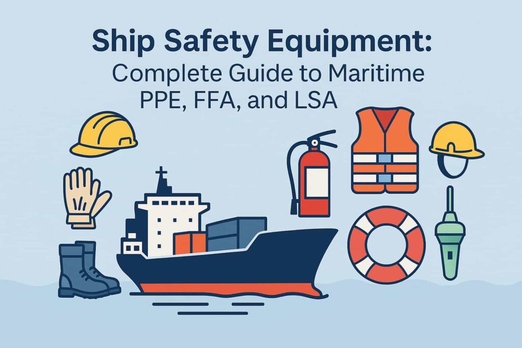 Illustration showing ship safety equipment including a cargo ship, hard hats, gloves, life jacket, fire extinguisher, lifebuoy, and boots—representing essential ship safety equipment for maritime PPE, FFA, and LSA compliance.