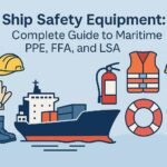 Illustration showing ship safety equipment including a cargo ship, hard hats, gloves, life jacket, fire extinguisher, lifebuoy, and boots—representing essential ship safety equipment for maritime PPE, FFA, and LSA compliance.