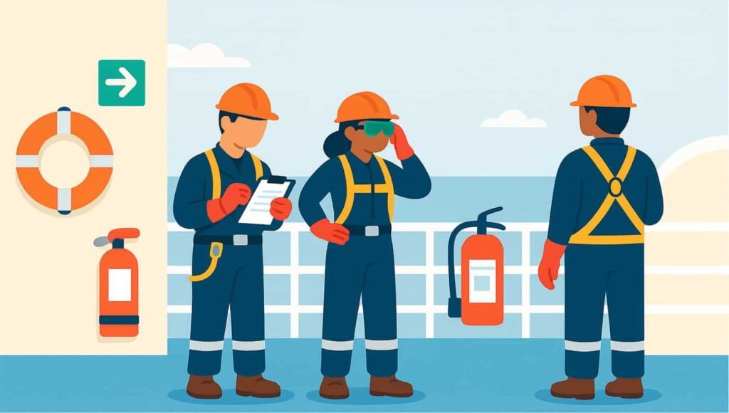 Crew members wearing complete maritime PPE—including helmets, gloves, safety harnesses, and coveralls—conducting a safety inspection on a ship deck with fire extinguishers and life-saving equipment visible in the background.