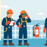 Crew members wearing complete maritime PPE—including helmets, gloves, safety harnesses, and coveralls—conducting a safety inspection on a ship deck with fire extinguishers and life-saving equipment visible in the background.