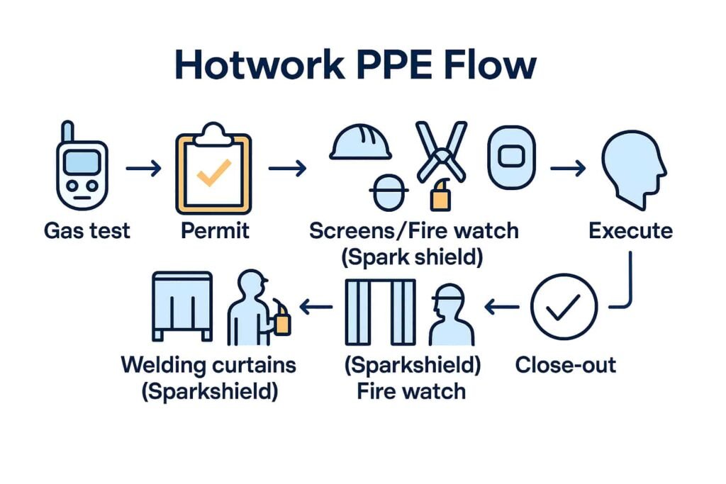 Flowchart showing the Hotwork PPE Flow for maritime safety: steps include gas test, permit, setup of screens or fire watch with spark shields, execution using full maritime PPE, welding curtains and spark protection, followed by fire watch and close-out verification.