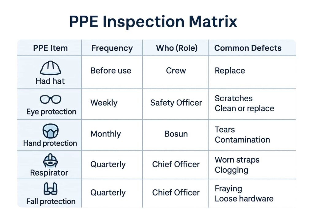 Table titled “PPE Inspection Matrix” showing inspection details for maritime PPE items — hard hat (before use by crew), eye protection (weekly by Safety Officer), hand protection (monthly by Bosun), respirator and fall protection (quarterly by Chief Officer) — with listed common defects such as scratches, tears, fraying, and worn straps.