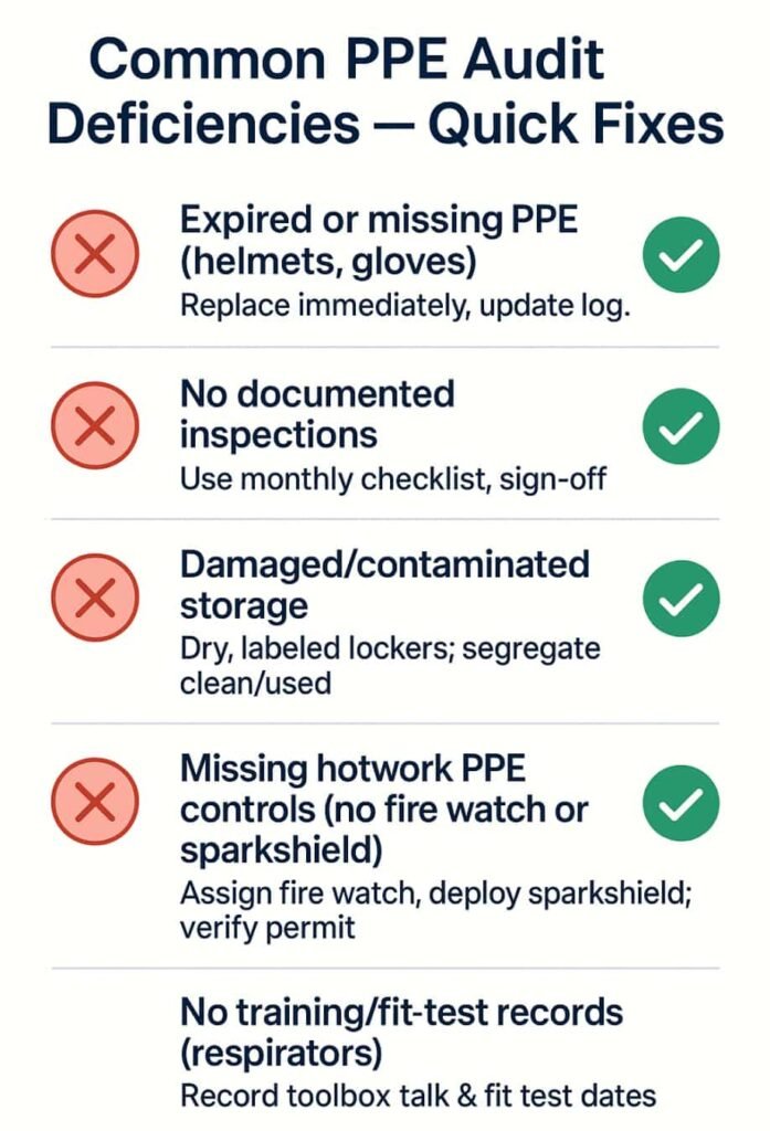 Infographic titled “Common PPE Audit Deficiencies — Quick Fixes” listing frequent maritime PPE issues and their solutions: expired or missing PPE, no documented inspections, damaged storage, missing hotwork PPE controls, and missing training or fit-test records, each with corrective actions and check marks for compliance.