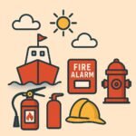 2D illustration of maritime fire safety equipment showing a ship, fire alarm, fire hydrant, fire extinguishers, and a safety helmet under the sun and clouds — symbolizing onboard fire protection and prevention at sea.