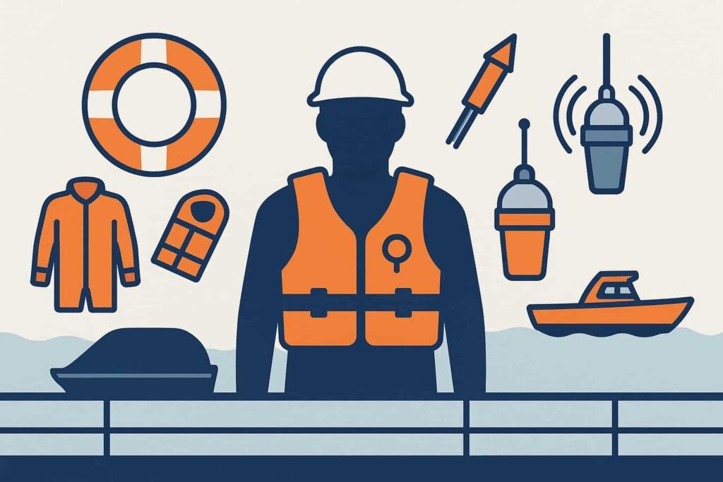 Illustration of a seafarer wearing a marine life jacket and safety helmet, surrounded by essential maritime safety equipment including a life buoy, immersion suit, liferaft, distress flares, EPIRBs, and a rescue boat over calm water — symbolizing shipboard personal safety and survival gear.