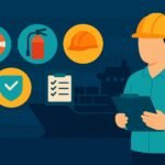Faceless marine safety officer inspecting ship safety equipment supplier— life ring, extinguisher, hard hat, checklist, and safety shield icons on vessel background.