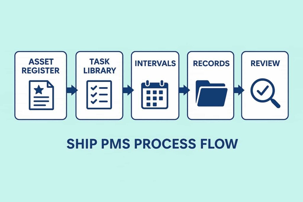 Ship PMS process flow showing asset register, task library, intervals, records, and review stages.